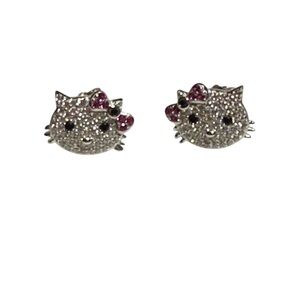 Hello Kitty Inspired 925 Sterling Silver Pave CZ Stud Earrings NWOT